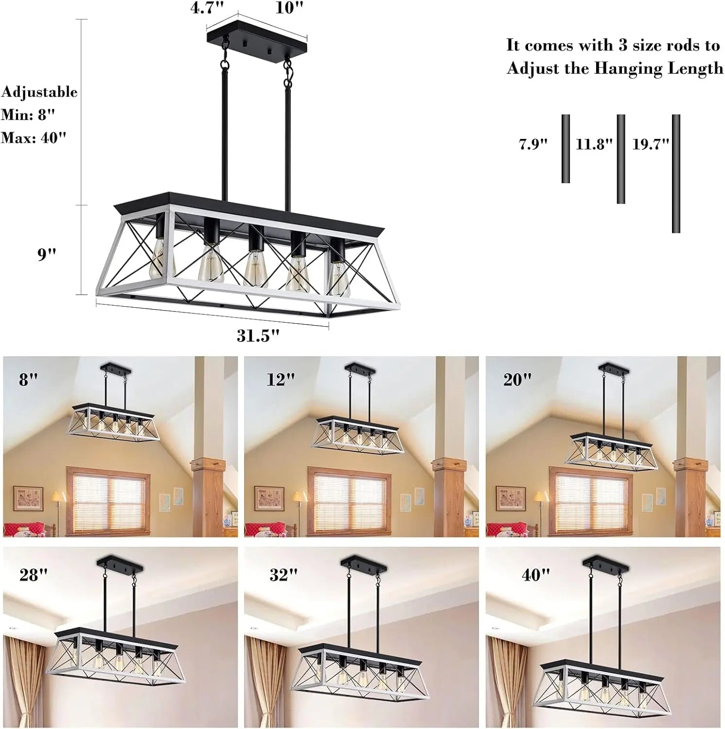 5-Light Pendant Lights Fixture, Farmhouse Chandeliers for Dining Room,【Rustic Style Farmhouse Pendant Light Fixture】The popular dining room lights over table is made from solid steel in geometric shape, concise and decent. Manually bruXIPUDANovacart5 Light Pendant Lights