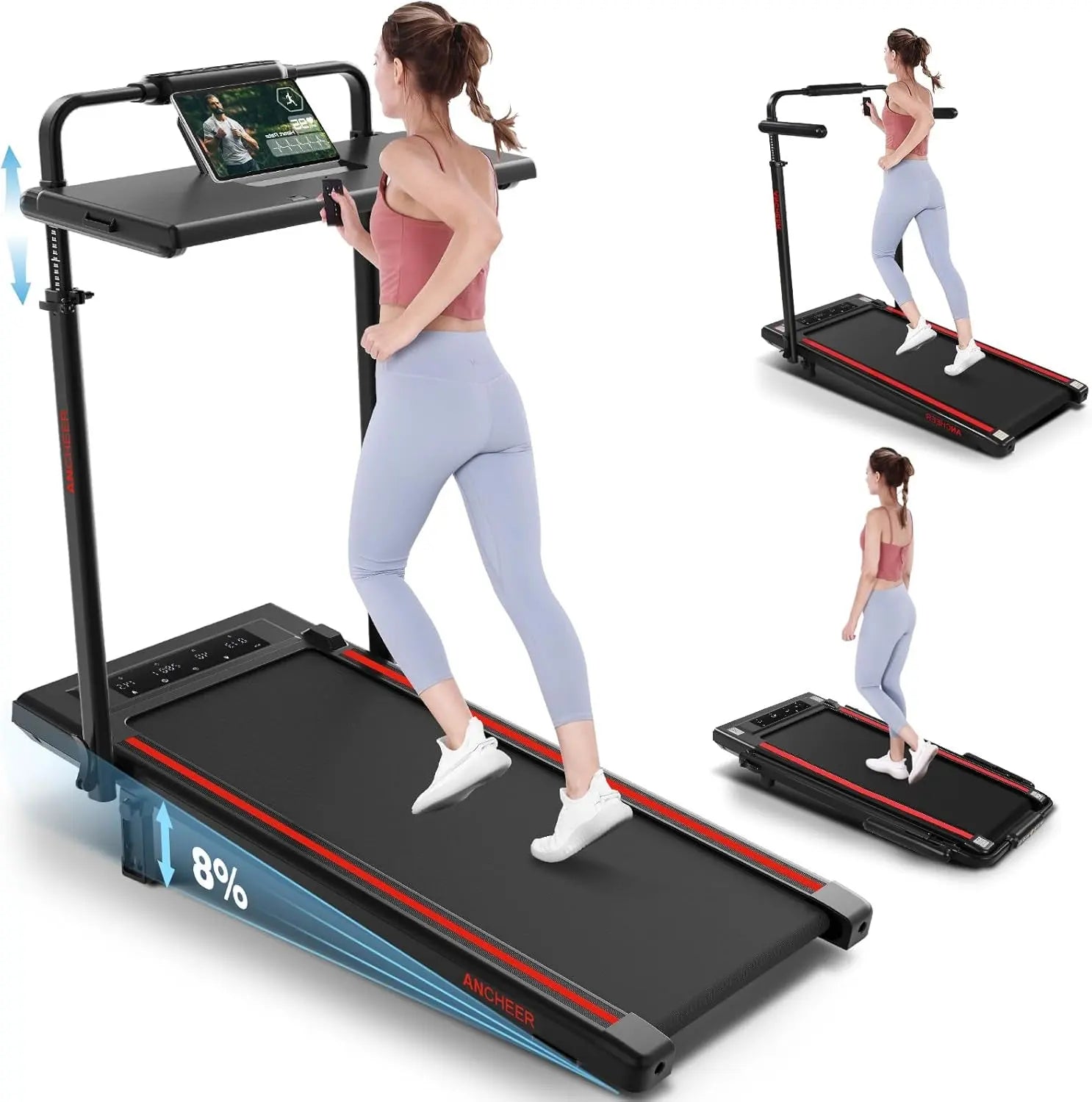 ANCHEER Treadmill with Desk Workstation& Adjustable Height, 8 in 1 FolInnovative 2-in-1 Treadmill: This Ancheer treadmill has 2 distinct functions. You can place the treadmill under your desk/table, and enjoy a walk at a speed of 1 to ANCHEERNovacartANCHEER Treadmill with Desk Workstation