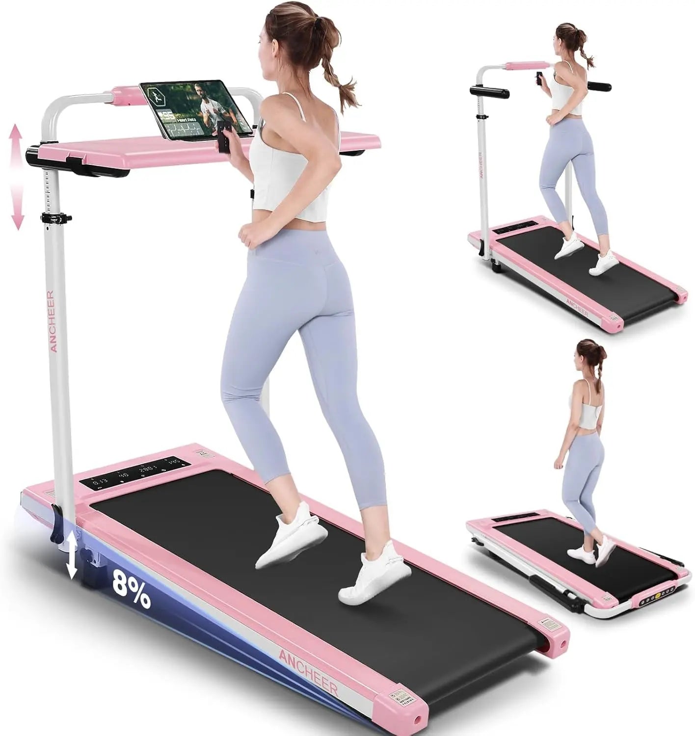 ANCHEER Treadmill with Desk Workstation& Adjustable Height, 8 in 1 FolInnovative 2-in-1 Treadmill: This Ancheer treadmill has 2 distinct functions. You can place the treadmill under your desk/table, and enjoy a walk at a speed of 1 to ANCHEERNovacartANCHEER Treadmill with Desk Workstation