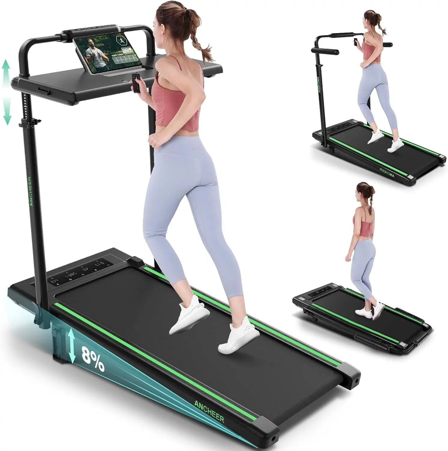 ANCHEER Treadmill with Desk Workstation& Adjustable Height, 8 in 1 FolInnovative 2-in-1 Treadmill: This Ancheer treadmill has 2 distinct functions. You can place the treadmill under your desk/table, and enjoy a walk at a speed of 1 to ANCHEERNovacartANCHEER Treadmill with Desk Workstation