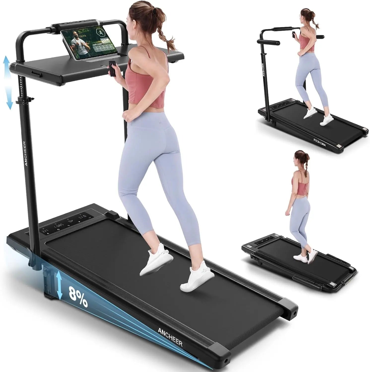 ANCHEER Treadmill with Desk Workstation& Adjustable Height, 8 in 1 FolInnovative 2-in-1 Treadmill: This Ancheer treadmill has 2 distinct functions. You can place the treadmill under your desk/table, and enjoy a walk at a speed of 1 to ANCHEERNovacartANCHEER Treadmill with Desk Workstation