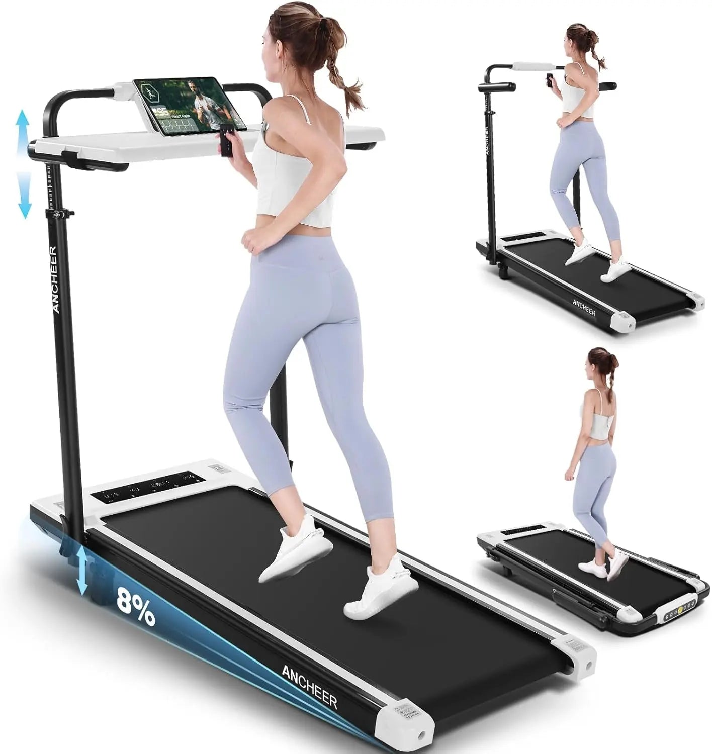 ANCHEER Treadmill with Desk Workstation& Adjustable Height, 8 in 1 FolInnovative 2-in-1 Treadmill: This Ancheer treadmill has 2 distinct functions. You can place the treadmill under your desk/table, and enjoy a walk at a speed of 1 to ANCHEERNovacartANCHEER Treadmill with Desk Workstation