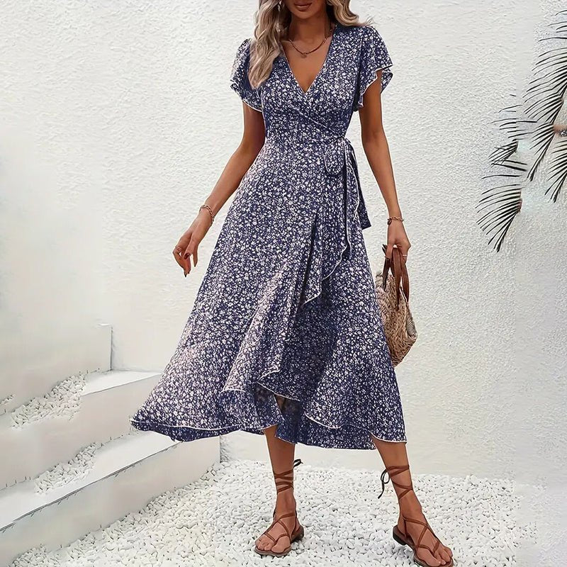 Women's Summer Floral Boho Dress Wrap V Neck Short Sleeve Ruffle A - Line Flowy Maxi Dresses - Novacart